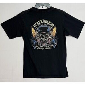 Wavejammer Surf Shop Graphic T Shirt Mens S Black Skull Back Print Santa Barbara